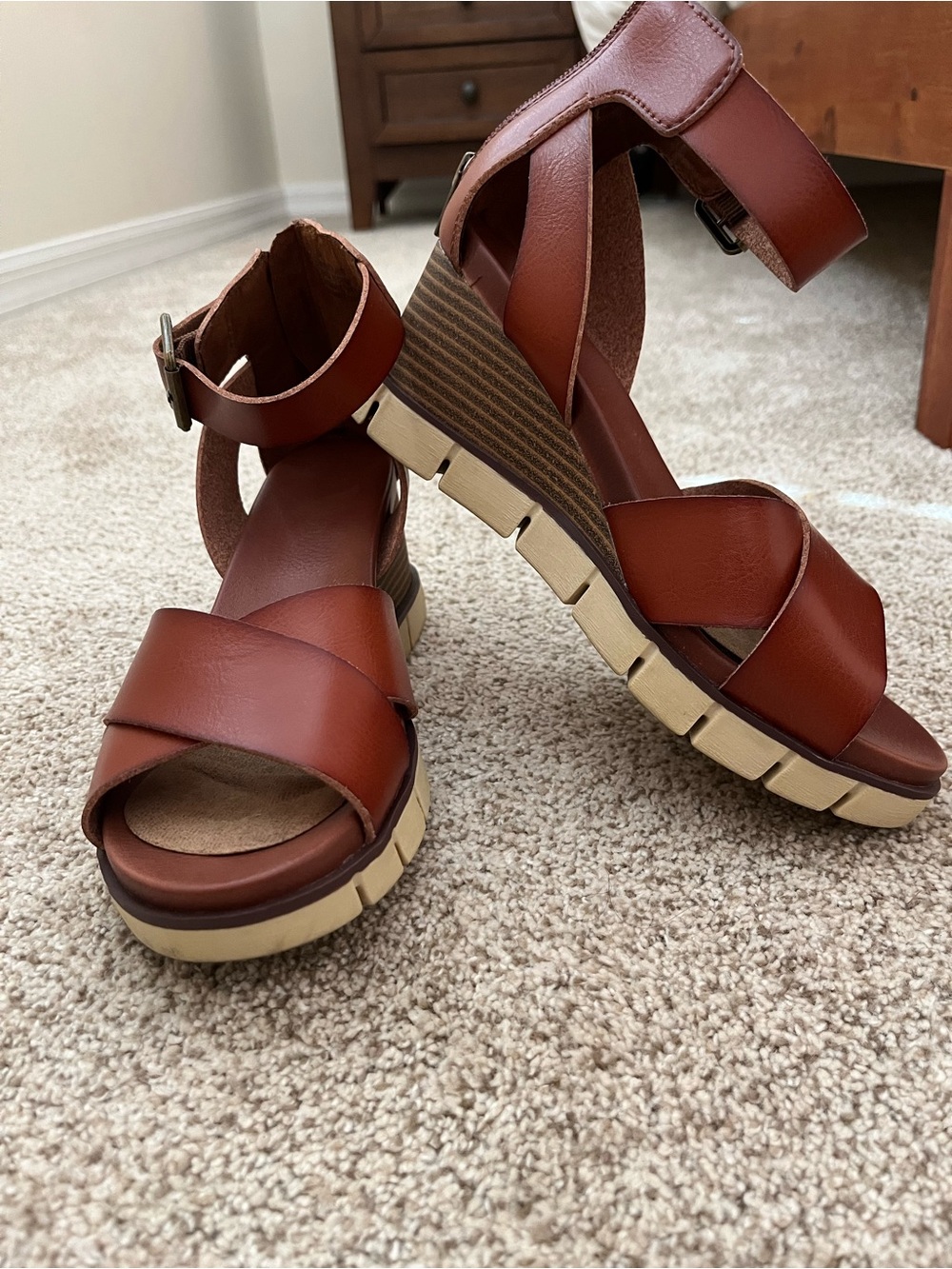 MIA Cognac Brown Leather Wedge Sandals